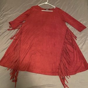 Long sleeve fringe burgundy dress